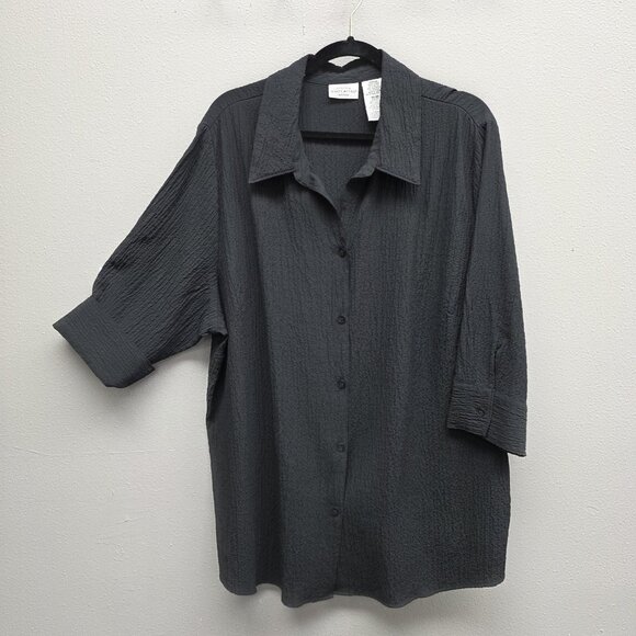 White Stag Shirt Womens 22W 24W Black Crinkle Button Front Tunic Plus Stretch - Picture 1 of 8